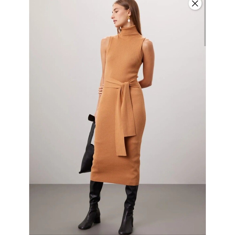 Toccin Camel Tie Front Turtleneck Rib Midi Sweater Tank Dress Size S